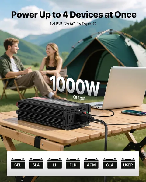 1000W Power Inverter, 12V DC to 120V AC Modified Sine Wave Inverter, Car Charger