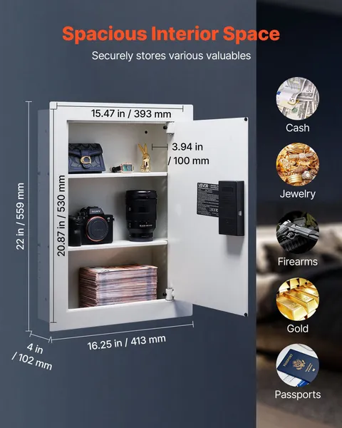 Hidden Wall Safe 0.83 Cu Ft Digital Key Lock 3-Tier In-Wall Security Safe