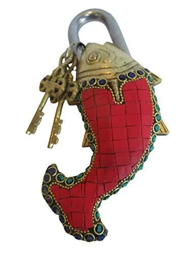 Handmade Working Functional Fish Shape Brass Padlock with Keys With Color Stone 