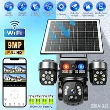 9MP WiFi Solar Battery Powered Wireless 3Lens Security Camera System Outdoor PTZ