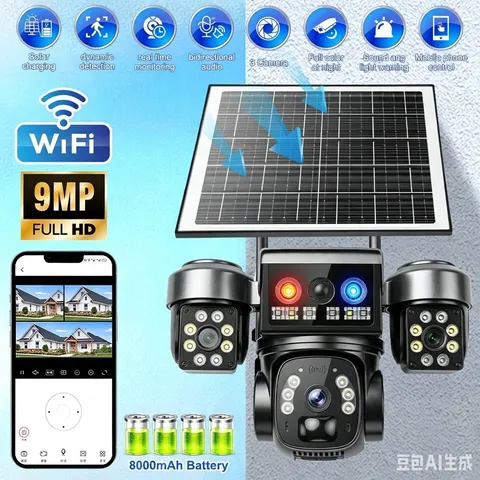 9MP WiFi Solar Battery Powered Wireless 3Lens Security Camera System Outdoor PTZ
