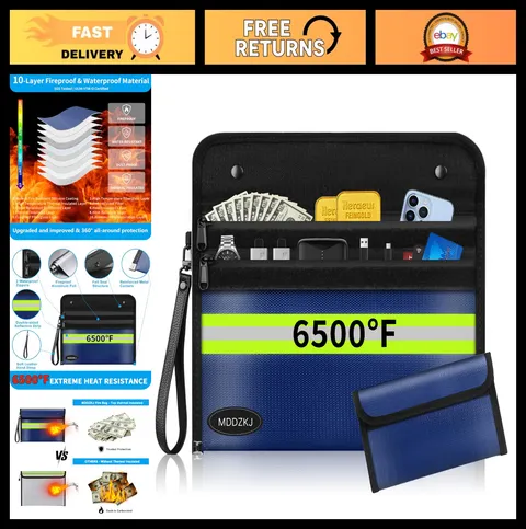 Fireproof Waterproof Document Bag 2 Pockets, 6500℉ Heat Resistant, 10 Layers, 2