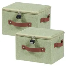 2PCS Storage Bins Box with Zipper Lid Combination Lock PU Leather Handles Cot...