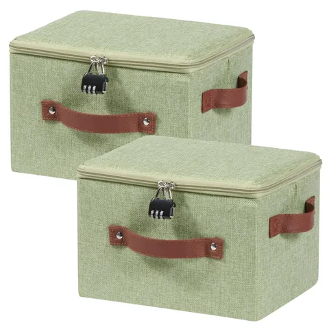 2PCS Storage Bins Box with Zipper Lid Combination Lock PU Leather Handles Cot...