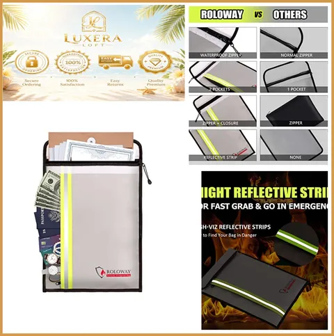 NEW Fireproof Document Bag 15x11 Silver Water Resistant 2 Pocket Money Safe