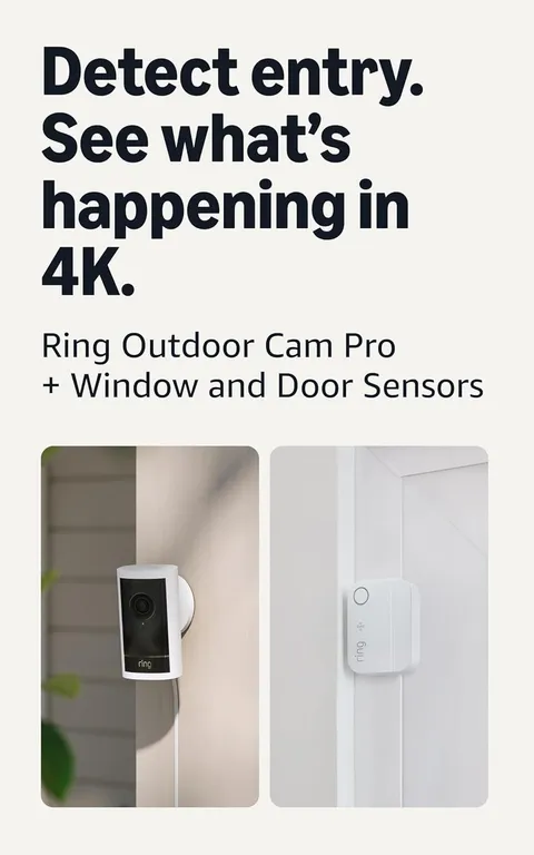 Ring Outdoor Cam Pro (newest model), White with 4 Window and Door Sensors (newes