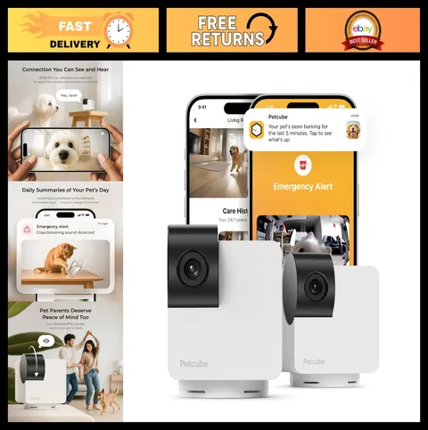 Interactive WiFi Pet Camera - 1080p HD, 360° Rotation, Night Vision, 2-Pack