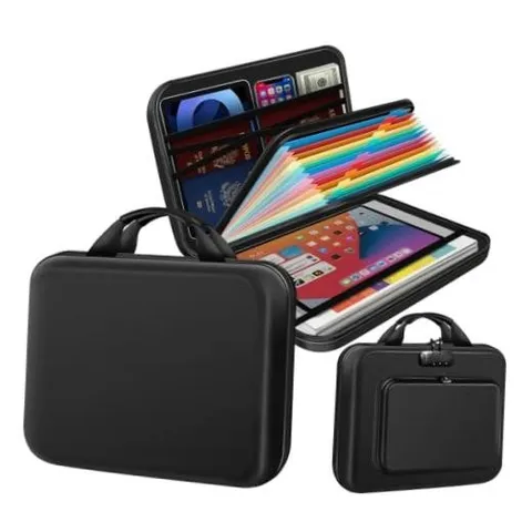 Hard Shell Fireproof Document Box with Combination Lock, 13 Pockets Accordion
