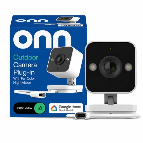 Onn Outdoor Plug-In Security Camera 1080p Full Color Night Vision New