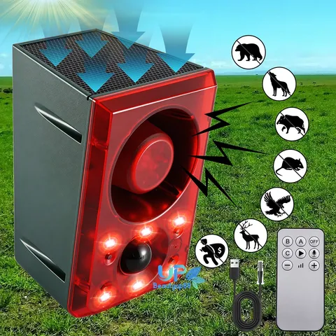 Solar Motion Sensor Alarm Animal Repeller With Strobe Light Gunshot Sound Siren
