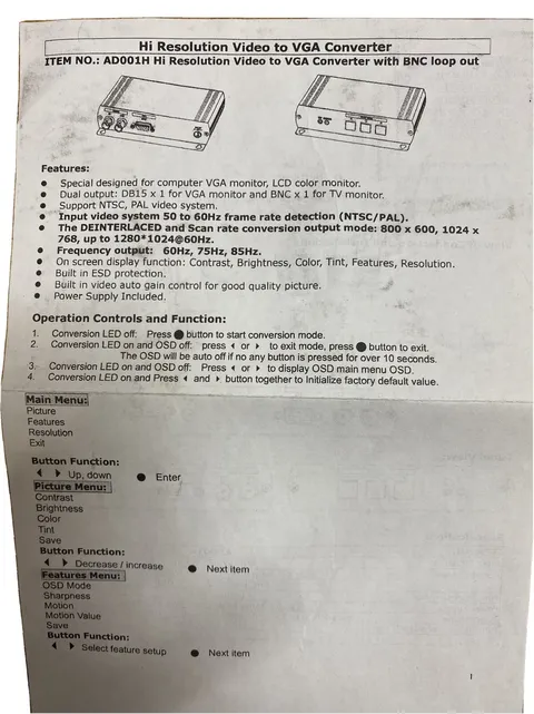 Hi Resolution Video to VGA Converter with BNC loop out AD001H