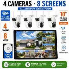 Dual Lens Wireless Security Camera System Outdoor with 10"Monitor 24/7 Recording