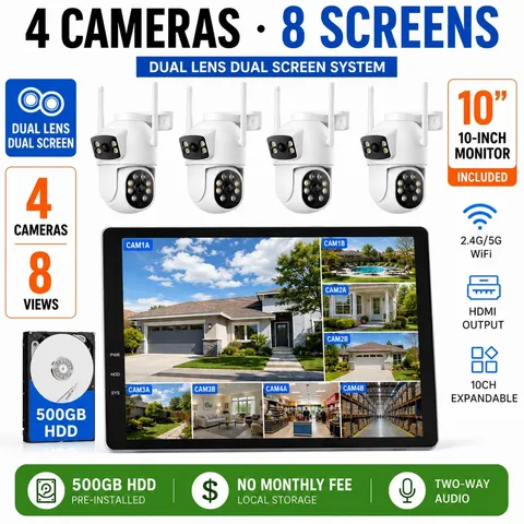 Dual Lens Wireless Security Camera System Outdoor with 10"Monitor 24/7 Recording