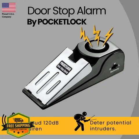 POCKETLOCK Door Stop Alarm Black 3-Pack 120dB Siren Portable Travel Security ...