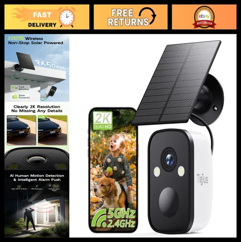 2K Wireless Solar Security Cameras, Color Night Vision, AI Motion Detection, 2-W