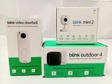 Blink Outdoor 4, 3 Camera Security System White Video Doorbell & Blink Mini 2