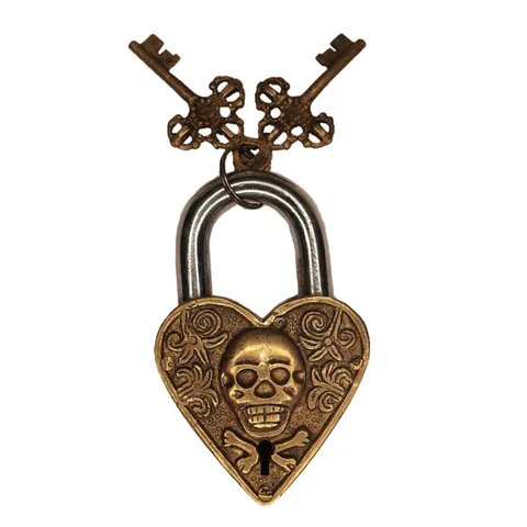 Heart Shape Skull Engraved Antique Style Brass Handmade Padlock with Working Key