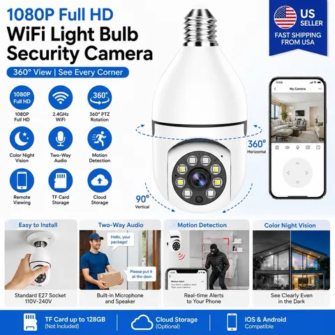Security Camera 1080P E27 Light Bulb Wireless WiFi Camera 360°Night Vision 2pcs