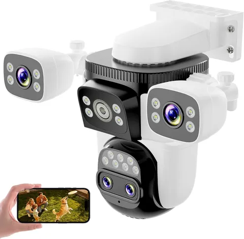 4-Lens Security Cameras Wireless Outdoor, 4-In-1 Multi-View 2K 360° PTZ Plug-In
