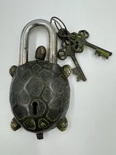 Vintage Style Brass Turtle Lock and Two Keys Hand Carved Designs