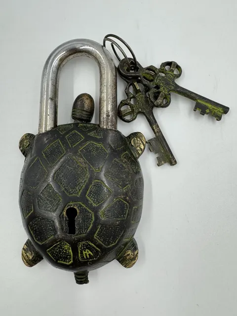 Vintage Style Brass Turtle Lock and Two Keys Hand Carved Designs