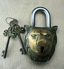 Lion Head Keyed Padlock Antique Bronze Metal