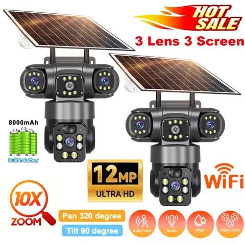 12MP 3 Lens Solar Battery Home Security Camera Outdoor Wifi Wireless PTZ CCTV US