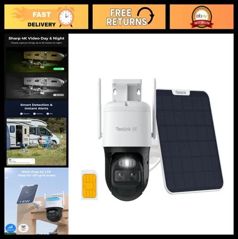4K Dual Lens Solar Security Camera, Outdoor PTZ, Auto Zoom, 8MP Night Vision, 4G
