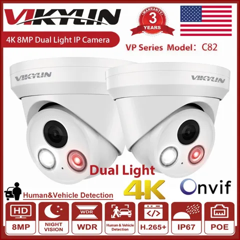 Vikylin 8MP 4K POE IP Camera Full Color Dual Light IP67 Human Vehicle Detection
