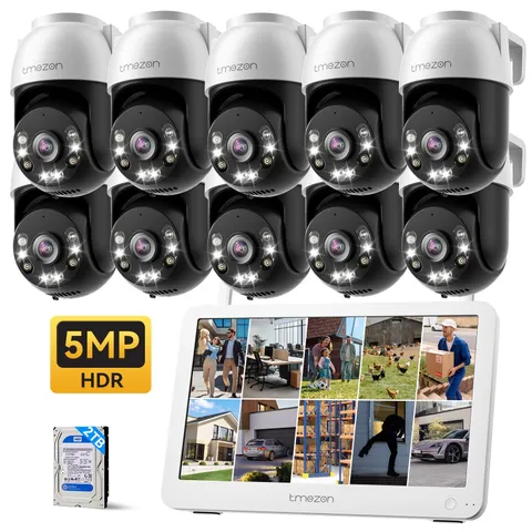 5MP PTZ Security Camera System 12'' Monitor Outdoor Wireless Audio PTZ 10CH 2TB