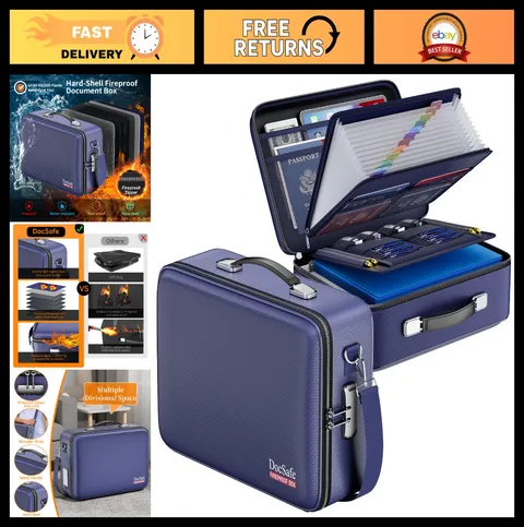 Fireproof Document Box with Lock & Strap, Portable File Organizer, Multi-Layer S