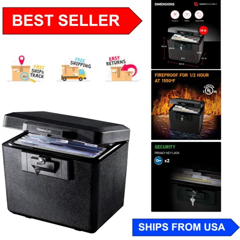 Black Fireproof Document Box w/ Key Lock - Secure, Durable, 0.61 Cubic Feet