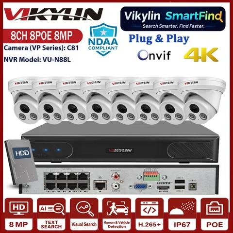 Vikylin SmartFind 4K 8MP 8CH 8POE NVR Night Vision Security Camera Systems Lot