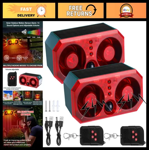 2 Pcs Solar Motion Sensor Alarm - 130dB Dog Barking Deterrent, 4 Modes, USB Cont