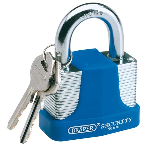 Draper 50mm Laminated Steel Padlock 2 Key Hardened Steel Shackle Bumper 64182