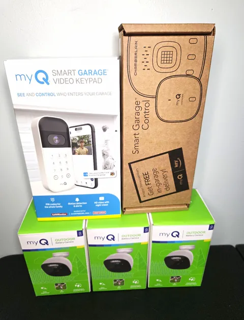 myQ Smart Garage Video Keypad + 3 Outdoor Battery Cameras Wi‑Fi 1080p