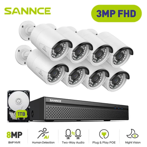 SANNCE 8CH 4K NVR 3MP POE Security IP Camera System 2-Way Audio Outdoor AI 1TB