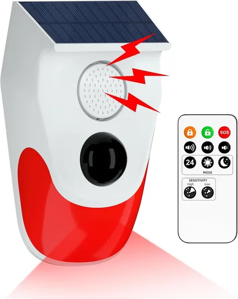 Solar Motion Sensor Alarm Outdoor, 120dB Loud Noise Maker&Strobe Lights, Remo...