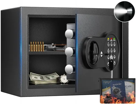 0.9 Cuft Small Safe Box, Money Safe with Removable Shelf, Fireproof Waterproo...