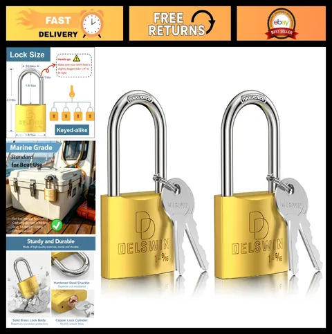 Heavy Duty Weatherproof Padlock with Key - Solid Brass, 1-9/16" Shackle, 2 Pack