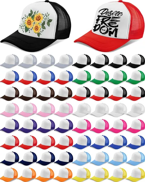 64 Pcs Unisex Sublimation Blank Mesh Trucker Hat 16 Colors Bulk DIY Adjustabl...