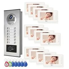 Wired Video Door System: 12 Units, 7" Touch Monitor, RFID Card Unlock