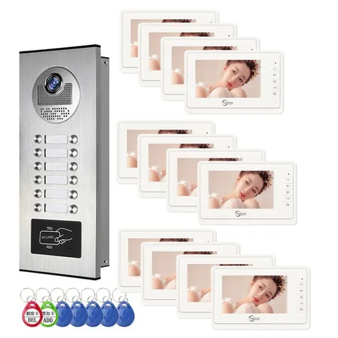 Wired Video Door System: 12 Units, 7" Touch Monitor, RFID Card Unlock