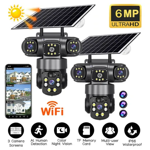 1/2X V380PRO 3Lens 6MP Solar Home Security Camera Outdoor Wifi Wireless PTZ CCTV