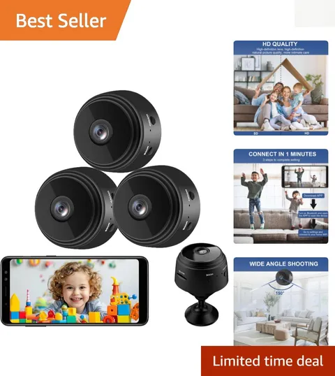 3 Mini WiFi Security Cameras - 150° Wide-Angle, Night Vision & Loop Recording