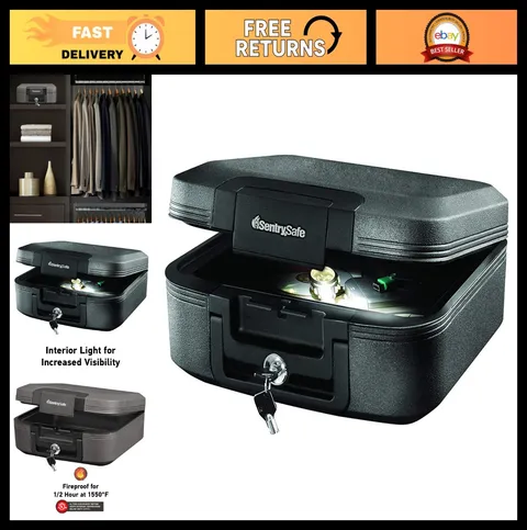 Fireproof Waterproof Safe Box with Key Lock, Portable Travel Chest, 0.28 Cu Ft