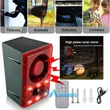 Solar&USB Motion Sensor Alarm w/ Remote, 130db Sound Light Alarm Animal Repeller