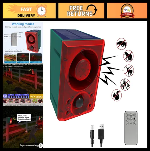Outdoor Solar Motion Sensor Alarm - 130dB Dog Bark & Gunshot Sounds, Remote Cont