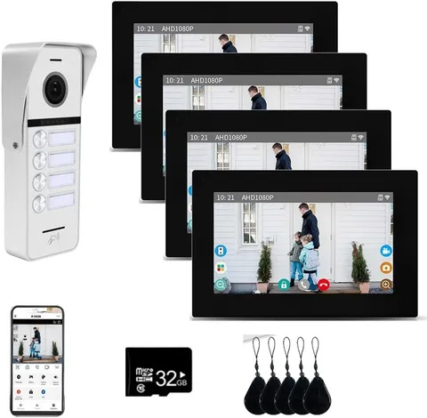 4-Unit 7-Inch Wired Video Intercom System, Touch Screen Apartment Door Entry Kit