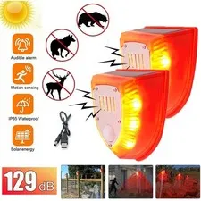 2PACKS Solar Power Motion Sensor Sound Light Alarm Dog Barking Gunshots Repeller